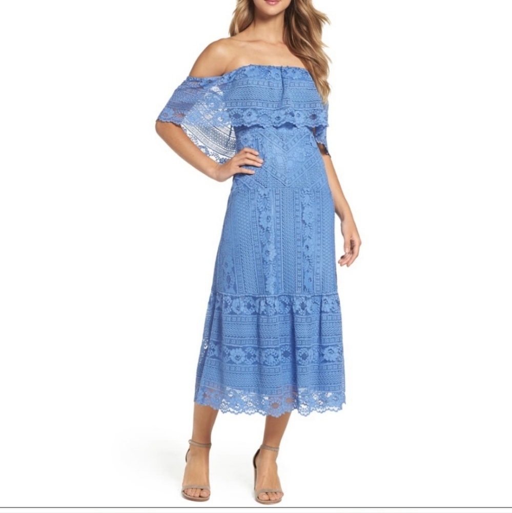 BB Dakota Katie Blue Lace off the shoulder Midi Dress , 6,  EUC!